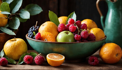 Vibrant Bowl of Fresh Organic Assorted Fruits on Rustic Wooden Tabletop