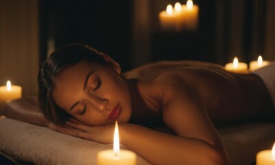 Obraz na płótnie Canvas Beautiful young woman lying on massage bed in spa salon, relaxing atmosphere, flowers, candles, essential oils