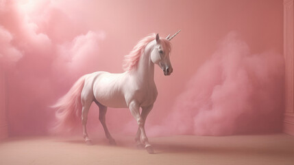 Obraz na płótnie Canvas Mystical Unicorn in Pink Clouded Room