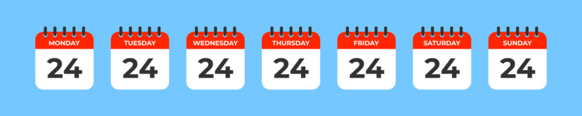 Calendar week schedule icon. Monday, Tuesday, Wednesday, Thursday, Friday, Saturday, Sunday week days. 24 day. Event date. Deadline time. Vector illustration.