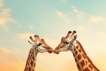 Poster Im Rahmen Giraffes in Tender Interaction at Sunset © Julia Jones