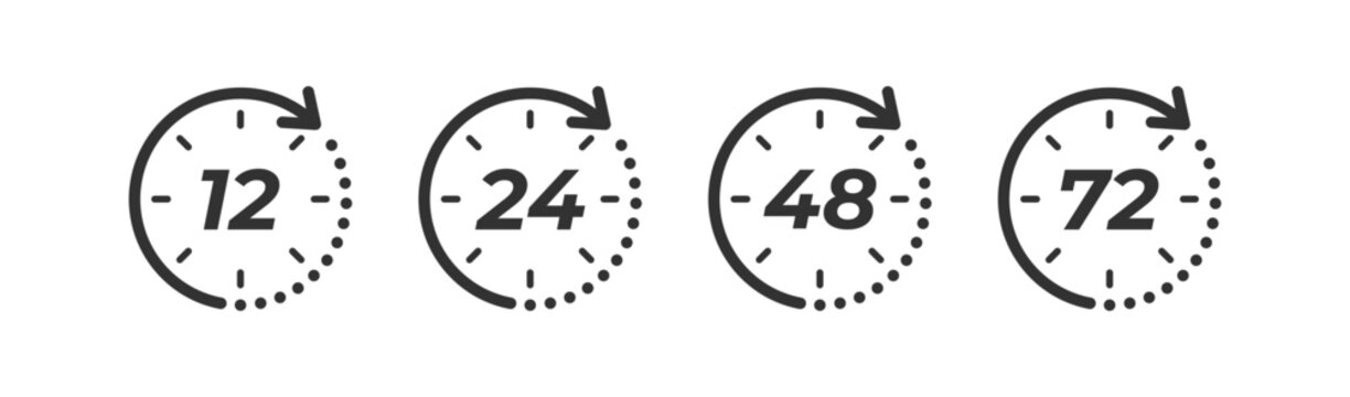Hours clock arrow 12, 24, 48, 72 icon. Delivery service. Special offer open. Work time. Vector illustration.