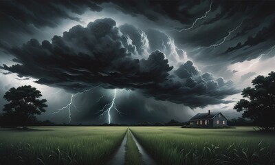 a dramatic scene capturing the intensity of a dark and foreboding sky before a thunderstorm.