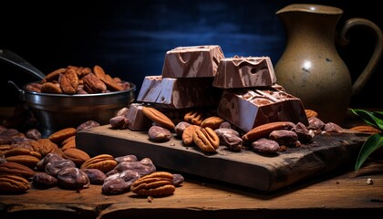 Title culinary background with dark chocolate pieces and crushed cocoa beans for baking