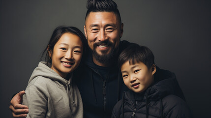 A joyful family portrait with a father, mother, and child, all wearing cozy winter jackets