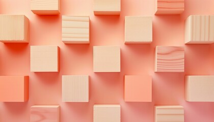 Blank wooden blocks stand side by side against a pastel peach fuzz orange background. 