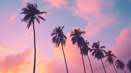 Fototapeta na wymiar Palm trees silhouettes at sunset panorama, background, wallpaper, calm and relaxing, mental health, emotional balance