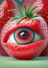 strawberries with eyes, in the style of distorted and exaggerated human figures, Ai generated - 720478771