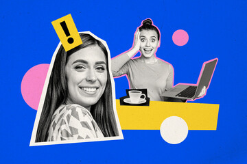 Creative contemporary art collage illustration of funny girl forgot about friend request in facebook isolated on blue color background