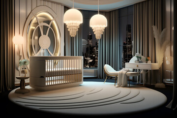 A nursery inspired by the Art Deco era with a custom crib  - obrazy, fototapety, plakaty