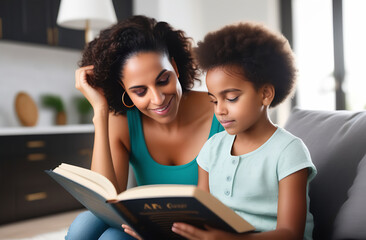 Mom and little daughter are sitting at home and reading a book.