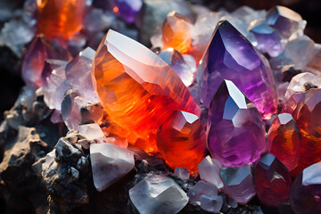 Orange and purple geodes inside crystal rock