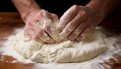 Fototapeta na wymiar Close up of baker s hands kneading fresh dough for artisan bread in a bakery