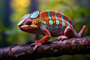 Obraz premium Colorful chameleon on a branch in the forest, Close up of bright chameleon on the branch on dark background, Ai generated