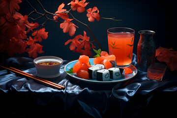 A plate of fine sushi and a glass of cool juice