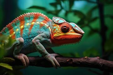 Colorful chameleon on a branch in the forest, Close up of bright chameleon on the branch on dark background, Ai generated