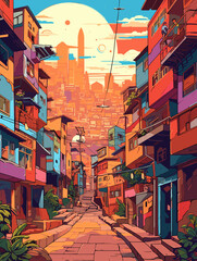Illustration of Medellín Colombia Travel Poster in Colorful Flat Digital Art Style - obrazy, fototapety, plakaty