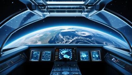 Spectacular spaceship interior with a breathtaking panoramic view of earth through the window