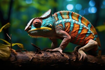 Fototapeta premium Side view of a colorful chameleon lizard on a branch, Close up of bright chameleon on the branch on dark background, Ai generated