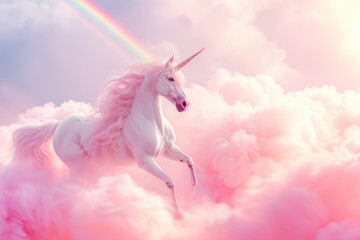 pink and white unicorn jumping through the candy cotton clouds