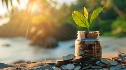 Investment background with gold coins and plants