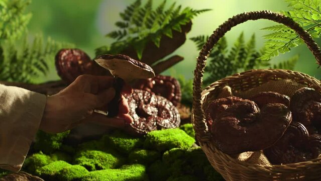 A hand closely examines a held lingzhi mushroom. Ganoderma mushrooms gathered, nestled in a rattan basket. Forest backdrop with moss, tree roots, and ferns.
