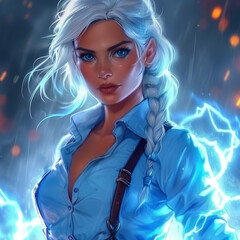 A white-haired woman illuminated by lightning.