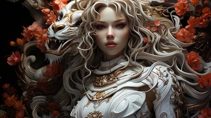 Digital art of a woman surrounded by flowers, and futuristic and fantasy elements.