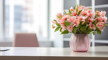 pink lowers in vase on desk of office