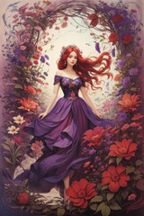 Enchanted Reverie : Whimsical Garden with Dark Red Hair and Purple Florals and dress