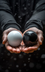 Choice concept, a man holding two spheres, one black and one white