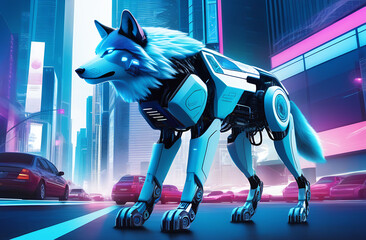 The cybernetic wolf looks strictly and carefully with a stern gaze,