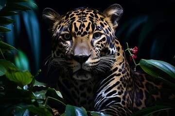 Documentary sci-fi jungle landscape with jaguar leopard and bold contrast lighting