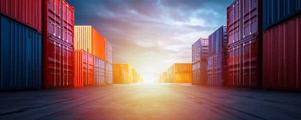 Stacked cargo containers in the storage area of freight sea port terminal, concept of export-import and national delivery of goods. - obrazy, fototapety, plakaty