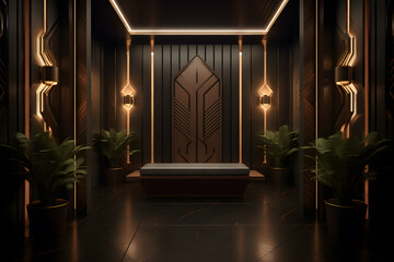 A sauna room with Art Deco style wooden benches - obrazy, fototapety, plakaty