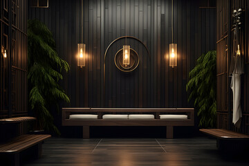 A sauna room with Art Deco style wooden benches