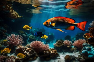 Fototapeta premium Craft a mesmerizing AI-generated scene of a Tropical Fish gracefully navigating a vibrant Coral Reef.