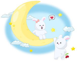 Cartoon rabbit girl sitting on the moon and rabbit boy clinging to the moon of valentine day concept 