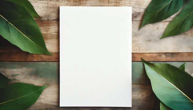 White writable paper lies on a rustic wooden table surrounded by green leaves
