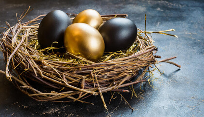 Luxurious Golden Touch. Chic Black Eggs Adorned with Gold in a Nest on a Dark Background
