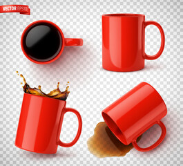 Vector realistic illustration of red ceramic coffee mugs on a transparent background.