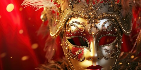 A majestic golden carnival mask showcased against a bold red background, Mardi Gras.