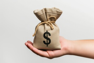 A bag of money in the palm of your hand with a dollar sign on a white background - obrazy, fototapety, plakaty