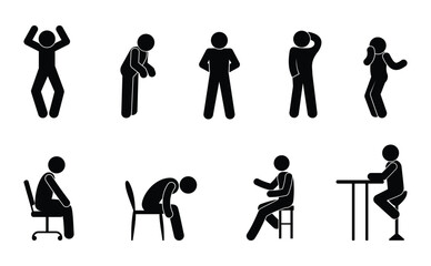 stick figure man icon, people standing and sitting, poses and gestures