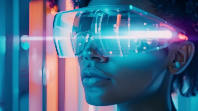 A futuristic holographic image of a model wearing a pair of smart gles that not only display notifications and messages but also adjust to lighting and protect from harmful