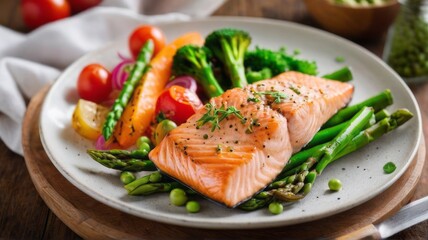 Delight your senses with this tantalizing image, presenting a perfectly cooked fish steak surrounded. medley of vibrant vegetables, offering a refreshing slice of meaty goodness for wholesome lunch