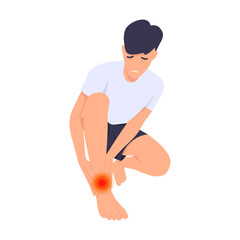 Male runner injured his ankle while running. Cramping in the feet or heels. Suffering from a sprained ankle. Character vector illustration on isolated flat white background.