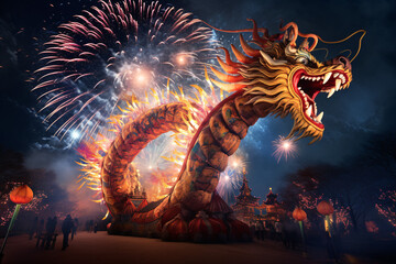 Fototapeta premium The night sky was illuminated with a vibrant, dragon-themed pyrotechnic show for the holidays.