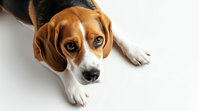 Adult beagle dog laying on white floor with floppy ears, hound dog looking at camera, shot from above, room for type, pets, pet care, dog training, puppy training, family pet, and veterinary concepts