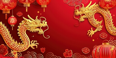 Happy chinese new year 2024 the dragon zodiac sign with flower,lantern,asian elements gold paper cut style on color background.copy space.